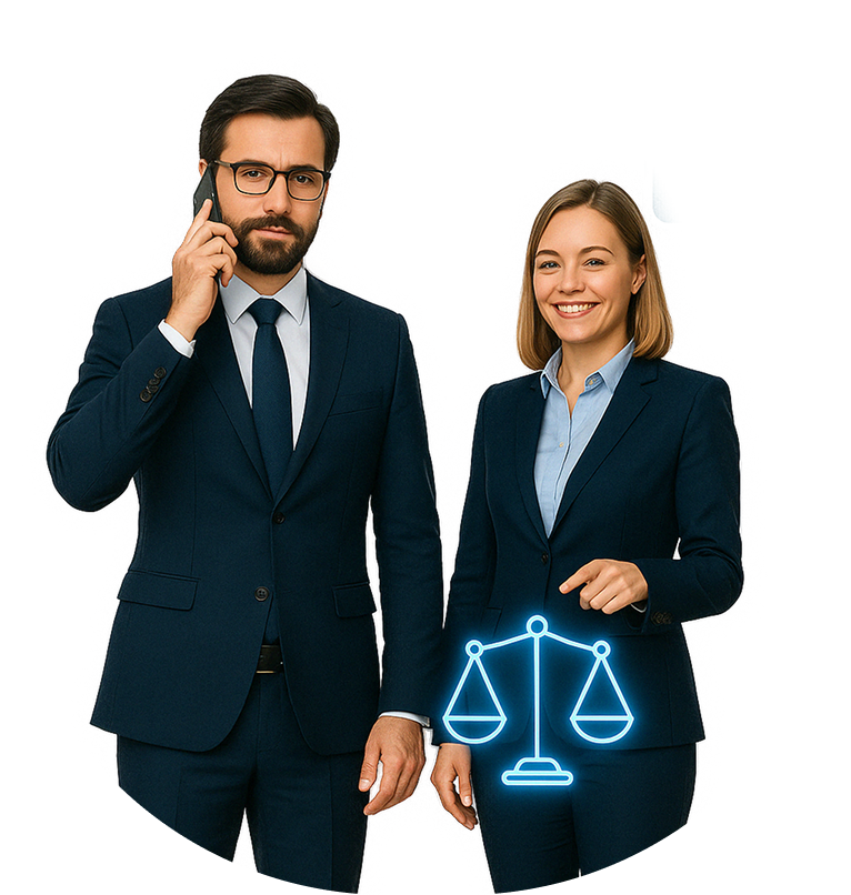 AI Concierge assistant professionals - a man possibly talking on the phone and a woman standing beside him, with a scale of justice icon nearby